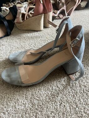 a new day Light Gray Suede Block Heel Sandals with Clear Toe Strap
